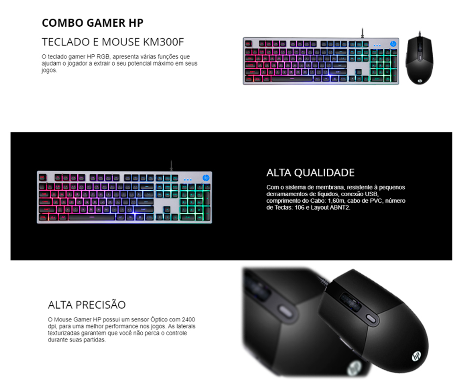 Kit Teclado e Mouse HP, KM300F, RBW, Membrana, 2400 DPI, USB